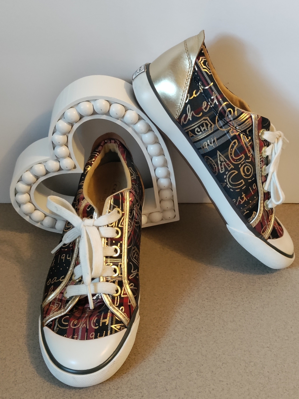 Coach Barrett Tartan Graffiti Plaid Sneakers Metallic Gold Size 6B